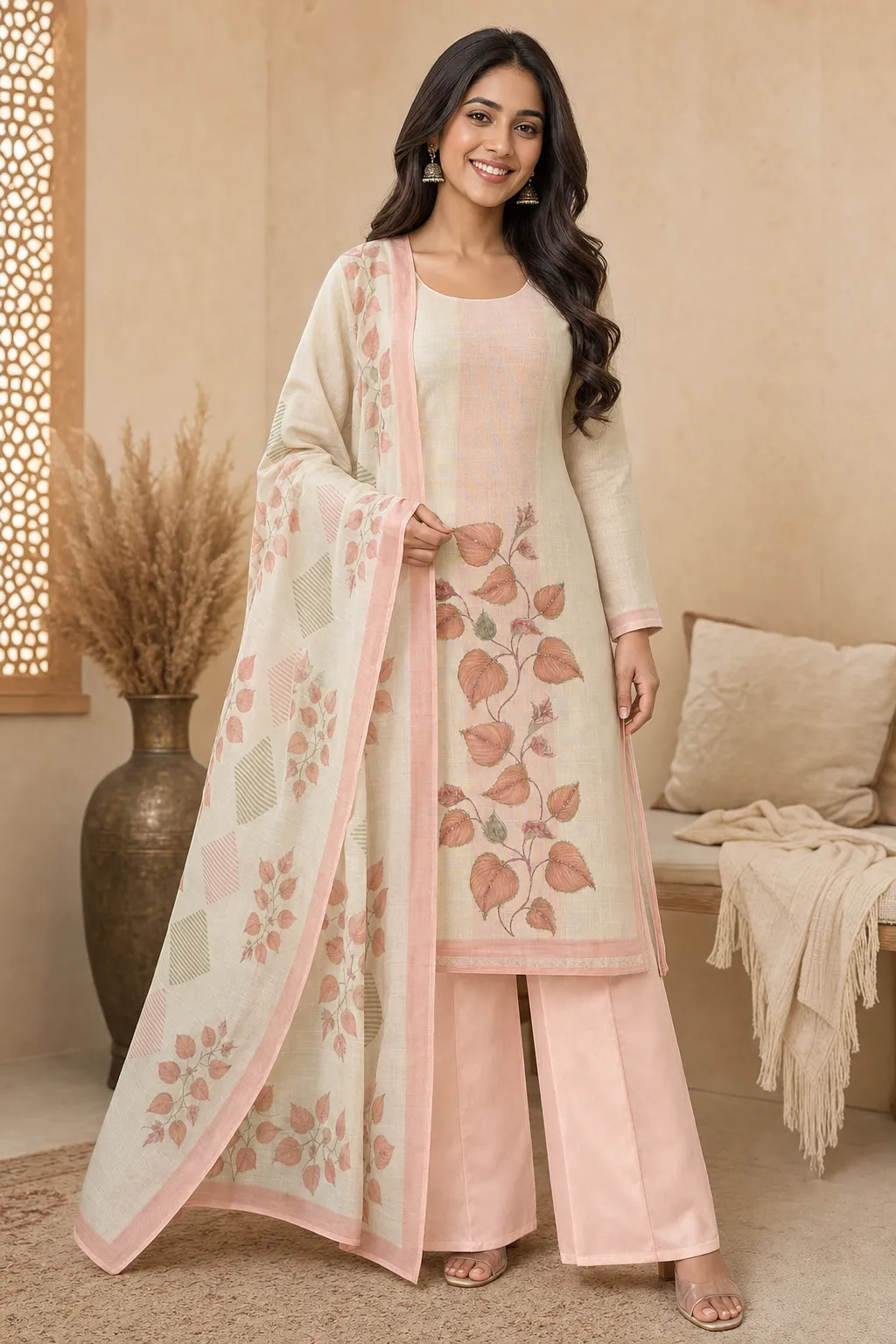 Model wearing the Bel Fresco suit — Round neck · Long kurta · Full sleeves · Palazzo