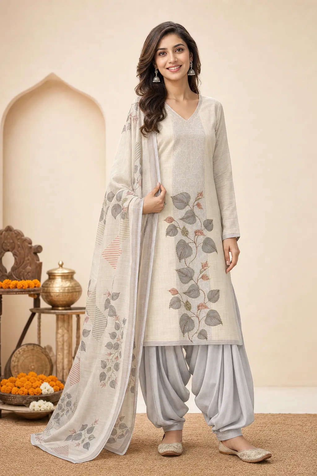 Model wearing the Bel Brume suit — V-neck · Long kurta · Full sleeves · Patiala
