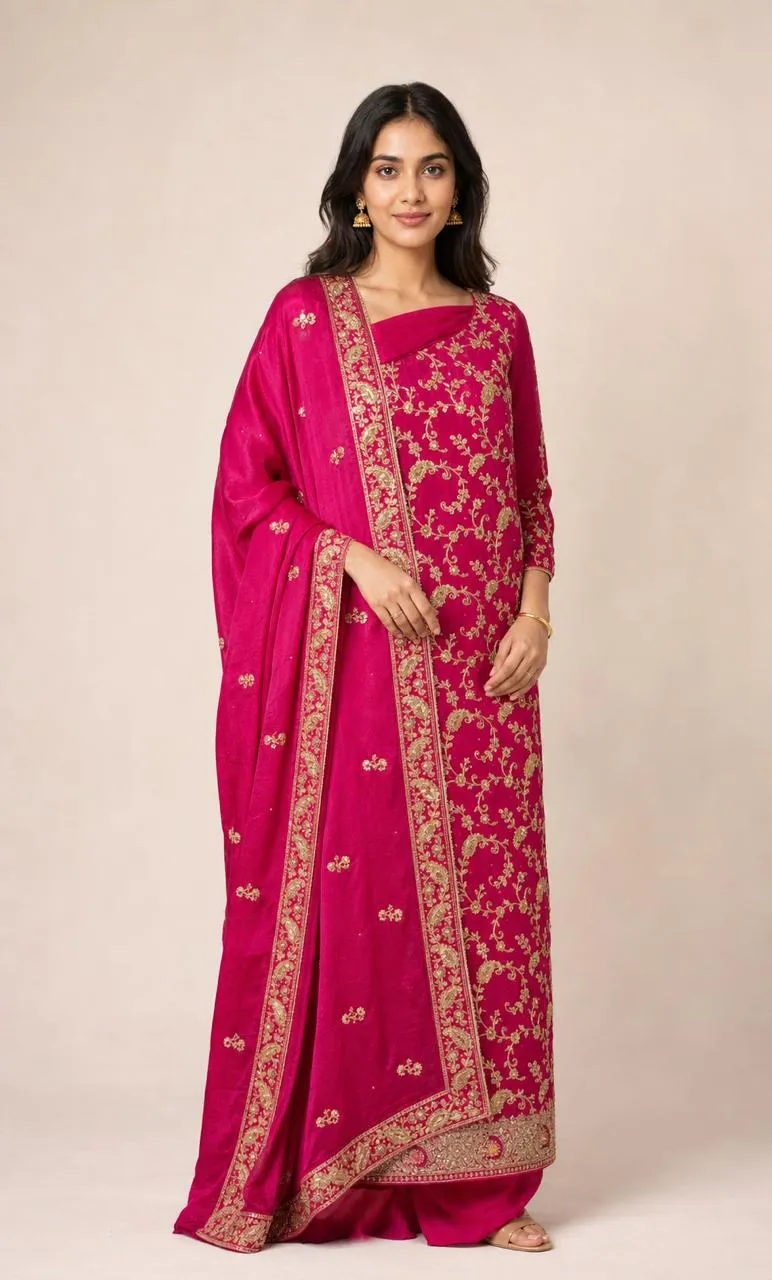 Model wearing the Rani Zari suit — Round neck · Long kurta · Full sleeves · Palazzo pants