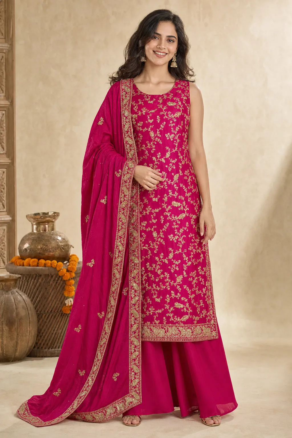 Rani Zari — Round neck · Long kurta · Sleeveless · Palazzo pants