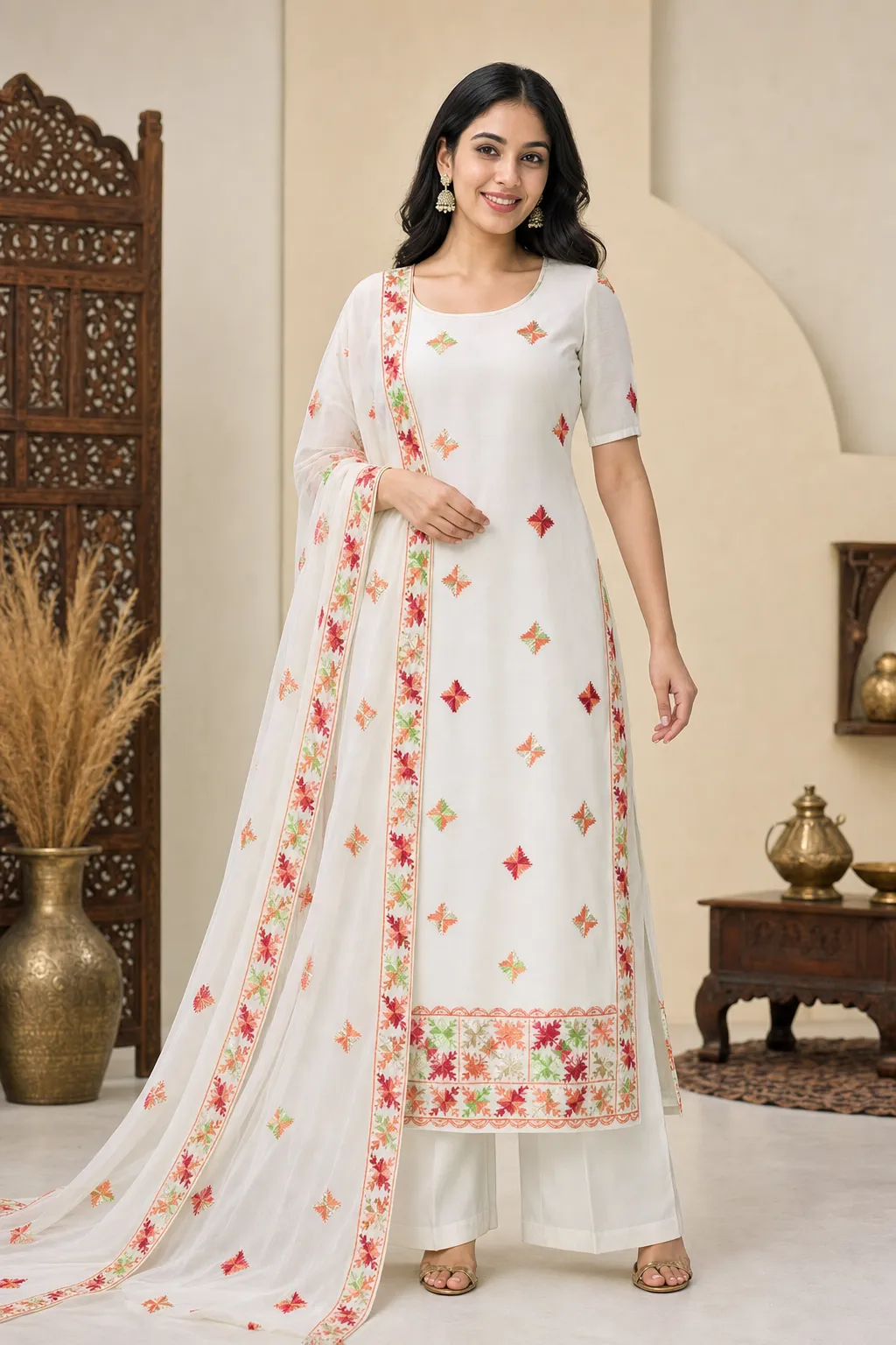 Phulkari Blanc — Round neck · Long kurta · Half sleeves · Palazzo pants