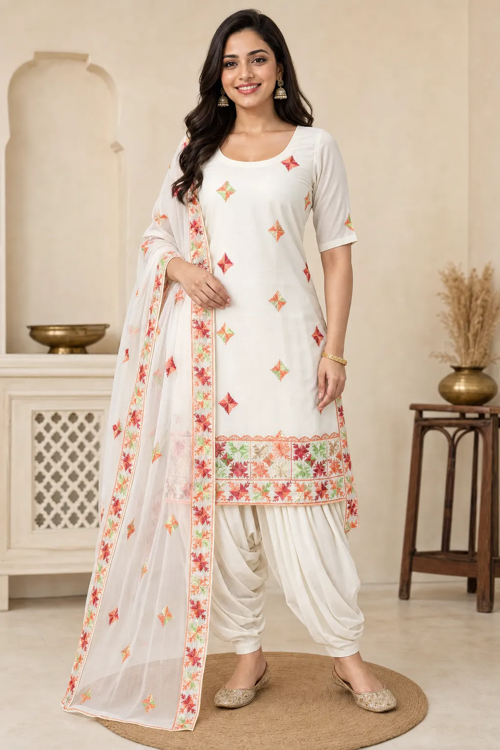 Model wearing the Phulkari Blanc suit — Round neck · Short kurta · Half sleeves · Patiala