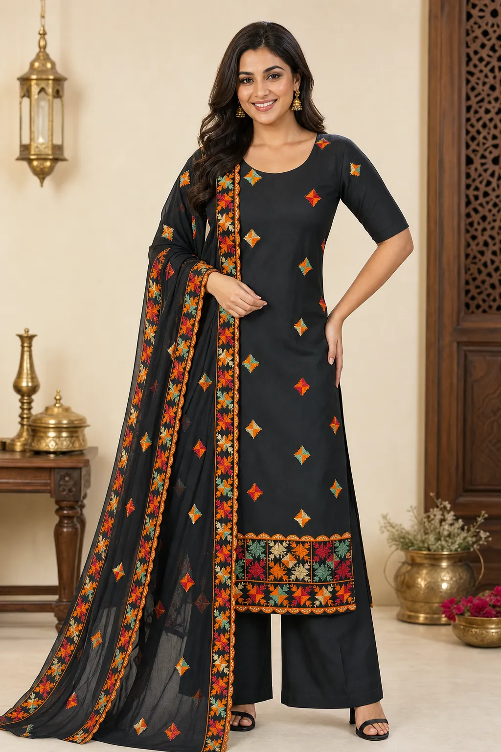 Model wearing the Phulkari Noir suit — Round neck · Long kurta · Half sleeves · Palazzo pants