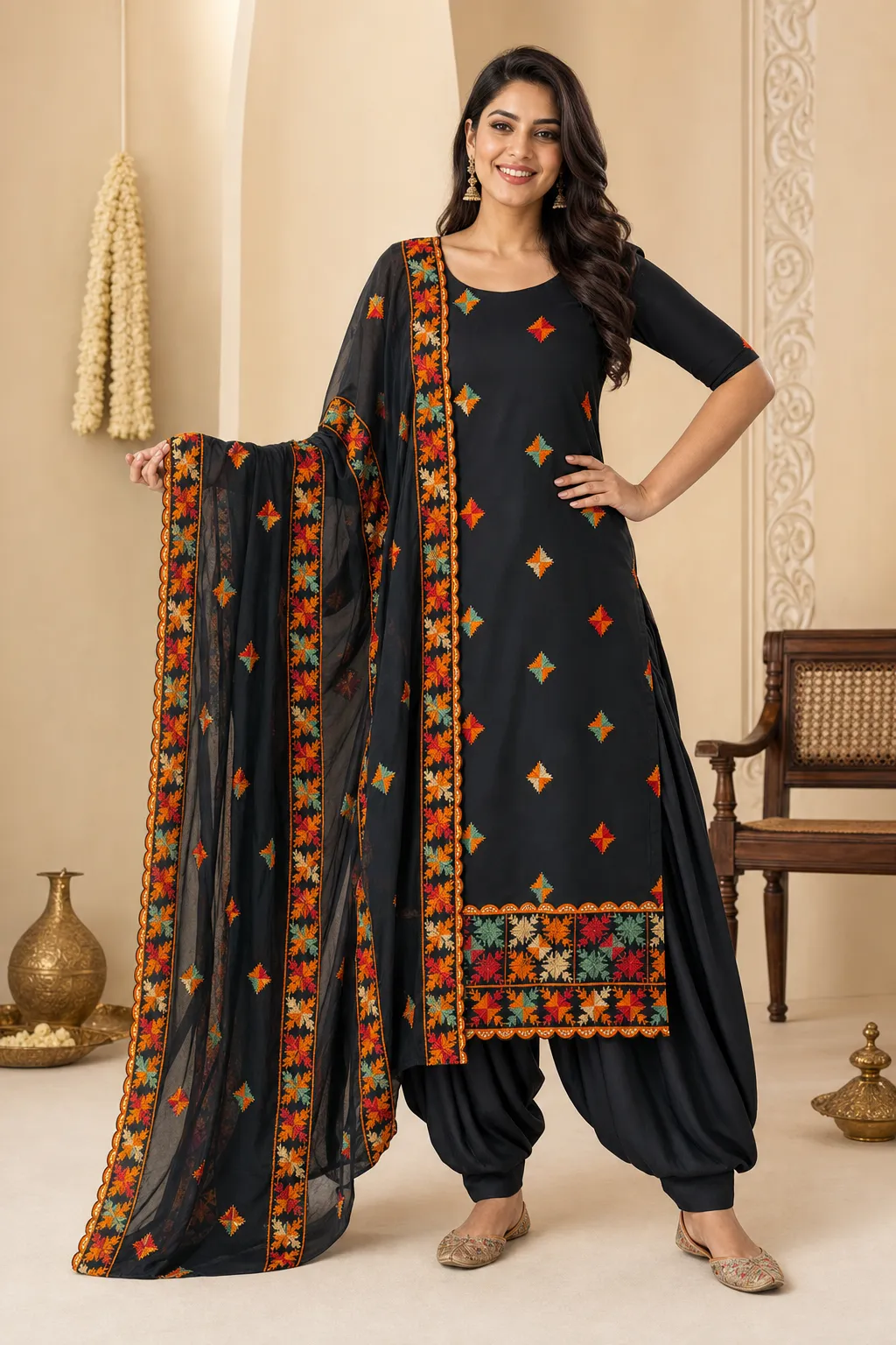 Model wearing the Phulkari Noir suit — Round neck · Long kurta · Half sleeves · Patiala