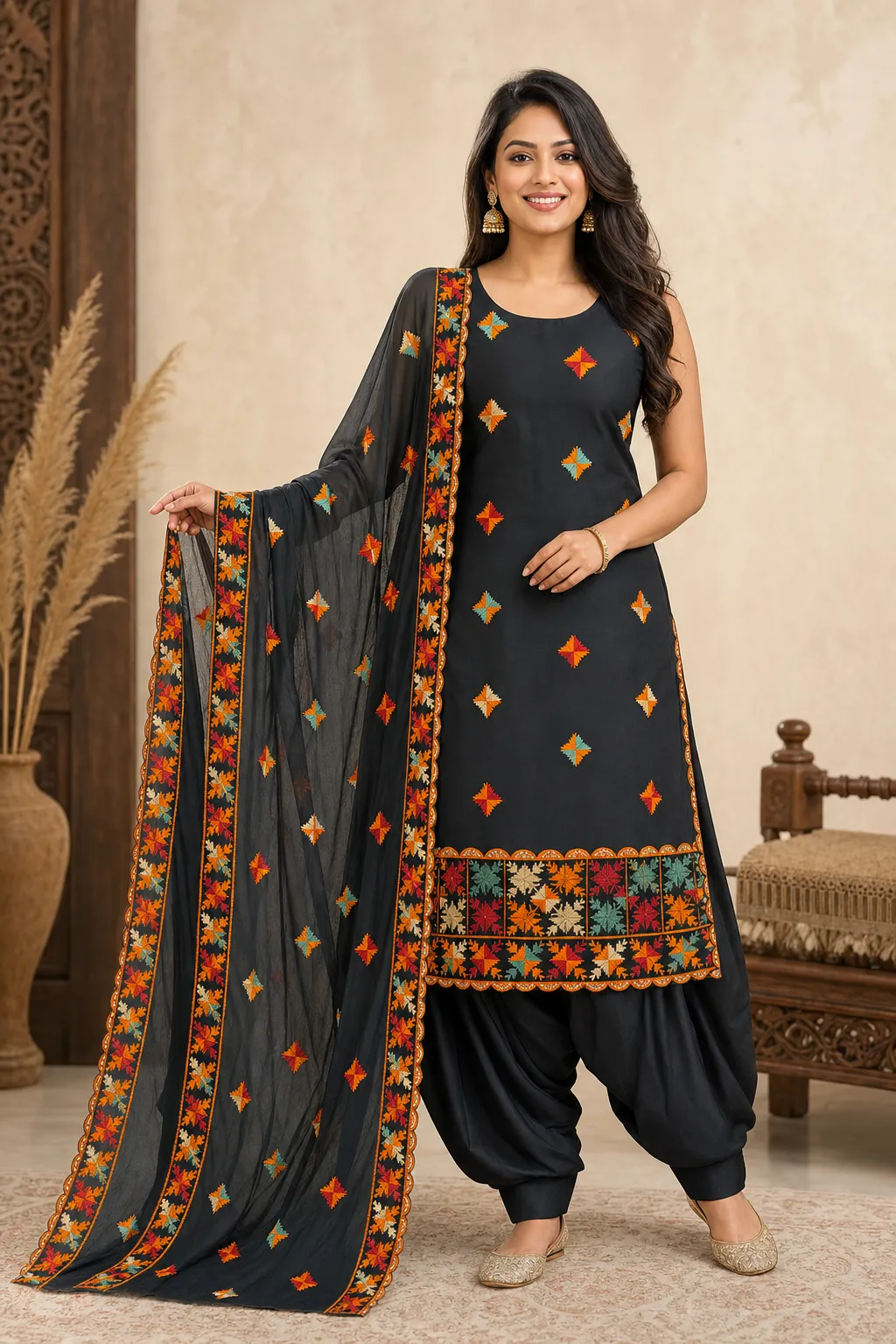 Phulkari Noir — Round neck · Long kurta · Sleeveless · Patiala