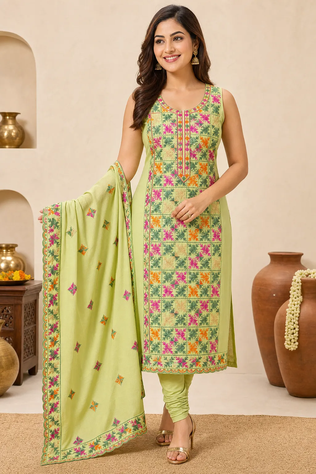 Model wearing the Bagh Meadow suit — Round neck · Long kurta · Sleeveless · Churidar