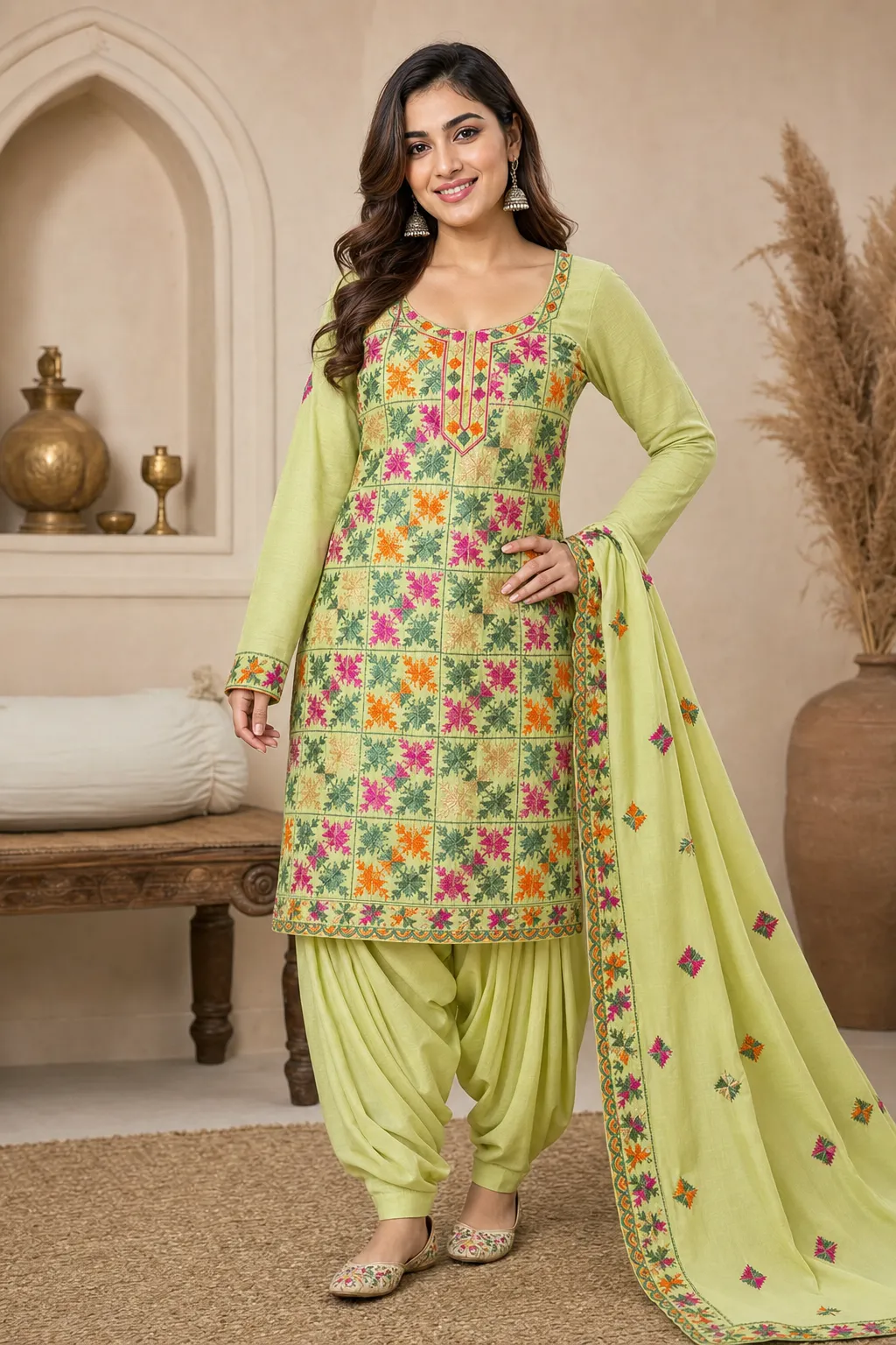 Model wearing the Bagh Meadow suit — Round neck · Short kurta · Full sleeves · Patiala
