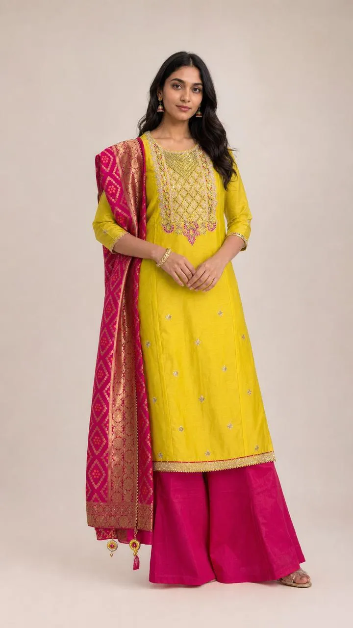 Haldi Rani — Round neck · Long kurta · Full sleeves · Palazzo pants